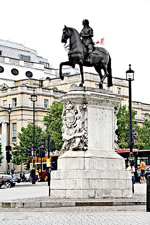 The equestrian statue of Charles I on its plinth at Charing Cross, London