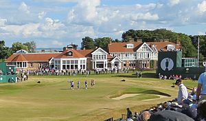 Clubhouse and the 18th green at Muirfield. The Open 2013