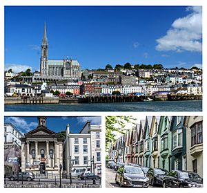 Clockwise from top: Cobh and St Colman's Cathedral as seen from Cobh Harbour; a row of Victorian houses known locally as the "deck of cards"; the neoclassical former Methodist Church