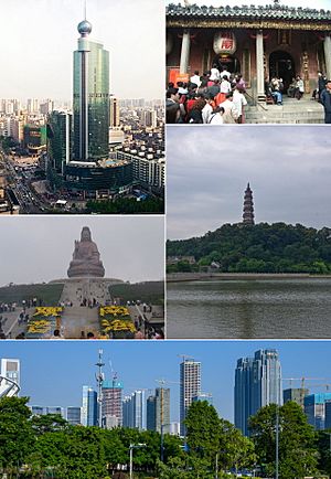 Clockwise from top right: Zumiao of Foshan, Qingyun Tower in Shunfengshan Park, Foshan New Town in Shunde, Guanyin atop Mount Xiqiao, & Downtown Foshan in Chancheng