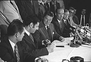 Governor Ronald Reagan and state Senator George Deukmejian signing the 1973 California death penalty bill, SB450