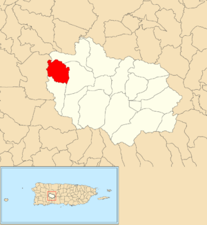 Location of Guayabo Dulce barrio within the municipality of Adjuntas shown in red