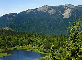 Photo of Howard Lake with Anthony Peak framed behind it