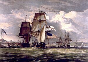 John Christian Schetky, H.M.S. Shannon Leading Her Prize the American Frigate Chesapeake into Halifax Harbour (c. 1830) (cropped)
