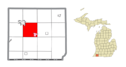 Location within Cass County (red) and an administered portion of the village of Cassopolis (pink)