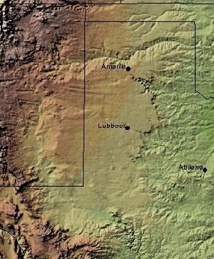 Shaded relief image of the Llano Estacado.  The escarpments marking the eastern edge of the Llano are visible, running roughly in a north–south line through the middle of the Panhandle.  The western edge is on the New Mexico side of the border, with the Texas–New Mexico border running considerably closer to the western edge of the Llano than to the eastern.
