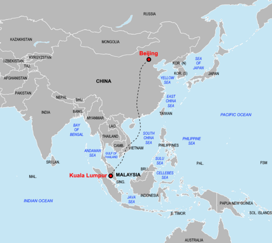 MH370 scheduled flight map with labels