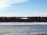 A frozen river passes through flat country. Short trees grow on the riverbanks; tall mountains are in the far distance.