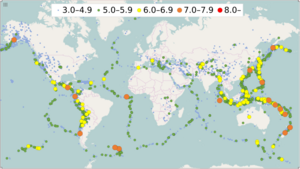 Map of earthquakes in 2016