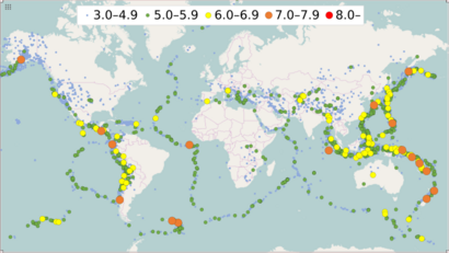 Map of earthquakes in 2016