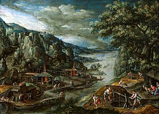 Marten van Valckenborch - River landscape wit iron mining scene (1611)