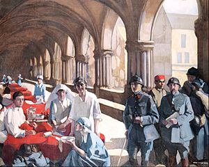 Neilson-Gray, Norah - The Scottish Women's Hospital - In The Cloister of the Abbaye at Royaumont. Dr. Frances Ivens inspec... - Google Art Project