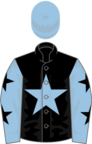 Black, light blue star, light blue sleeves, black stars, light blue cap