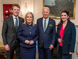 President Joe Biden greets U.S. Special Envoy to Northern Ireland for Economic Affairs Joseph Kennedy III, Northern Ireland First Minister Michelle O’Neill and Deputy First Minister Emma Little-Pengelly on March 17, 2024