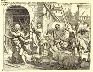 An alliance of arabs and malabar locals attack the Portuguese in Calicut. c1600