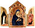 Small altarpiece with folding wings. Background of shining gold. Centre, the Virgin Mary in dark blue, holds the Christ Child. There is a standing saint in each side panel. The colours are rich and luminous, the figures are elongated and stylised.