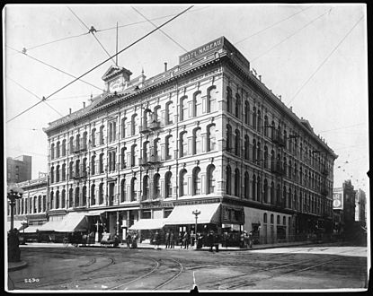 Exterior view of the Nadeau Hotel on Spring Street and First Street, Los Angeles, ca.1905 (CHS-5290A)