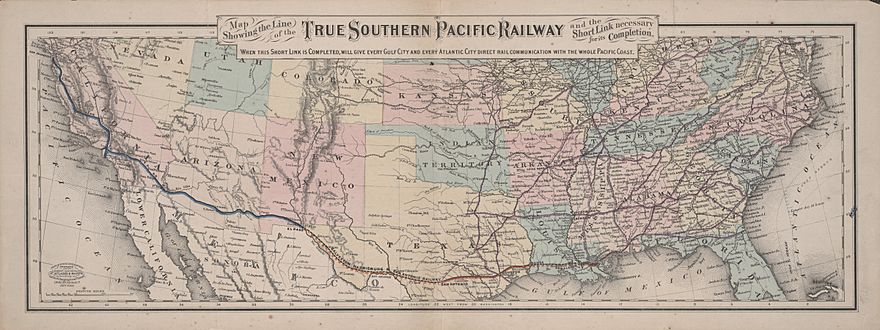 Map of the Southern United States with a railroad line