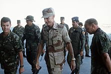 General Merrill McPeak inspect U.S. Air Force personnel deployed in the Middle East