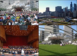 Four images of the same bandshell: top left is a large crowd seated on a lawn beneath a large metal trellis hung with speakers. The crowd, seen from behind, is watching a performance in a bandshell framed by curving shiny metal, with large buildings in the background. Top right is an aerial side view of the bandshell and trellis in a green park, with a large road running horizontally at bottom and a row of skyscrapers behind it at top. A curving metal bridge crosses the road. Bottom left is a large stage with a full symphony orchestra and two choirs behind it on risers. The stage walls and ceiling are paneled in wood. Bottom right is a large green lawn with scattered people playing on it. The trellis is overhead and the bandshell and skyscrapers are behind.