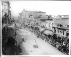 La Fiesta de Los Angeles parade, Spring Street, north from First Street, 1903 (CHS-5012)