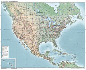 Map of populous North America (physical, political, population)