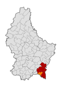 Map of Luxembourg with Mondorf-les-Bains highlighted in orange, and the canton in dark red