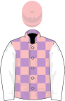 Mauve and pink check, white sleeves, pink cap