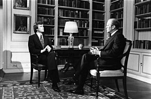 Photograph of NBC White House Correspondent Tom Brokaw Interviewing President Gerald R. Ford in the White House Library for a Special NBC Broadcast on American Foreign Policy