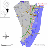 Map of Point Pleasant Beach in Ocean County. Inset: Location of Ocean County highlighted in the State of New Jersey.
