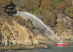 Tiburon Fire Department fireboat fights a fire on Angel Island, near San Francisco, 2008-10-13