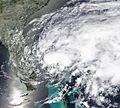 Satellite picture of a tropical depression that would later become Arthur on the coast of Florida on May 16.