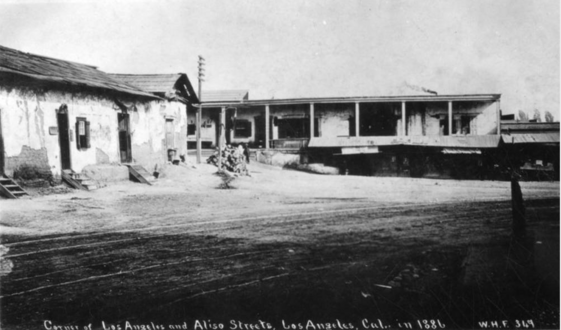 1886 looking east on Arcadia towards E side of S end of Calle de los Negros. Coronel Adobe at left