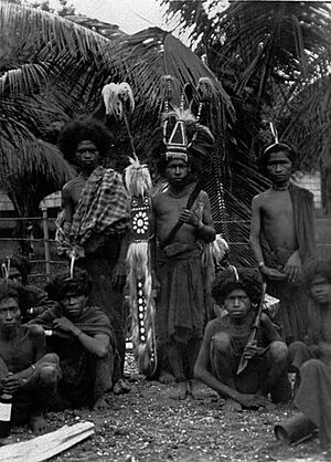 COLLECTIE TROPENMUSEUM Portret van een groep mannen van Poelau Solor in krijgskleding TMnr 60007331