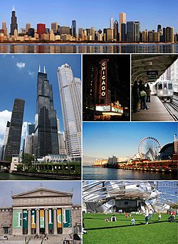 From top, left to right: Downtown Chicago skyline; Willis Tower; Chicago Theatre; Chicago "L"; Navy Pier; Field Museum; and Pritzker Pavilion