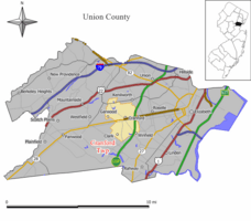 Map of Cranford Township in Union County. Inset: Location of Union County highlighted in the State of New Jersey.