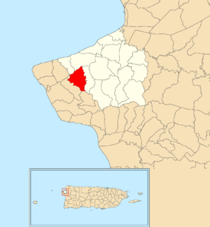 Location of Cruces within the municipality of Aguada shown in red