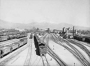 General view of part of the Atchison, Topeka and Santa Fe Railroad yard, San Bernardino, California