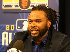 Giants pitcher Johnny Cueto talks to reporters at 2016 All-Star Game availability. (27913818734)