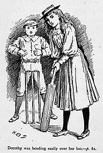 Illustrations by K. M. Skeaping for the Holiday Prize by E. D. Adams-pg-081-Sorothy was bending easily over her bat
