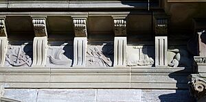 Macrae Monument, Monkton, South Ayrshire, Scotland. Detail of west facing side. Fine detail of carving