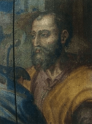 Putativo retrato de Fernão Mendes Pinto no retábulo da Igreja da Misericórdia de Almada (Visitação da Virgem a Santa Isabel, 1589-91 - Giraldo Fernandes de Prado).png
