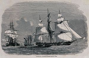 Ships with large sails cross the sea, with small rowing boat Wellcome V0041260.jpg
