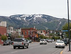 Downtown Steamboat Springs in May 2006 with the ski area in the background.