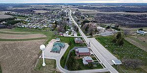 Greenfield town hall and water tower in foreground