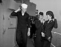Two WAVES and a sailor aboard USS Uhlman (DD-687) at Terminal Island, California (USA), in 1950