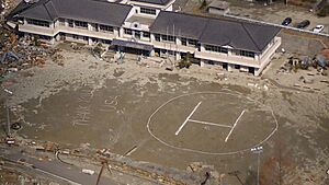 US Navy 110323-N-8646H-001 An aerial view of a helicopter landing zone near an evacuee center shows a