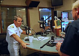 US Navy 110906-N-CI293-168 Rear Adm. Douglas J. McAneny, commandant of the National War College, is interviewed by Dennis Kellog of KLIN News Talk