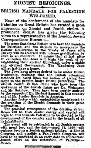 Zionist Rejoicings. British Mandate For Palestine Welcomed, The Times, Monday, Apr 26, 1920