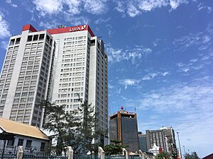 An array of iconic buildings in Lagos Nigeria starting with United Bank of Africa